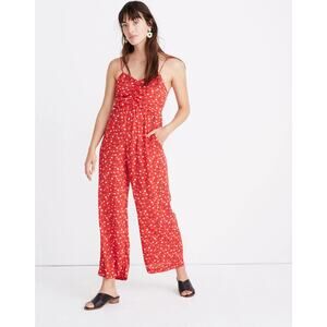 Madewell Red Floral Ruched Wide Leg Jumpsuit in Prairie Posies, Sz 6